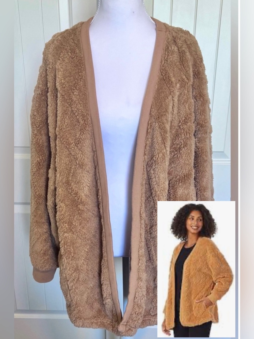 Cuddl Duds Soft Cozy Camel hue Teddy Cardigan Pockets Sz L/XL